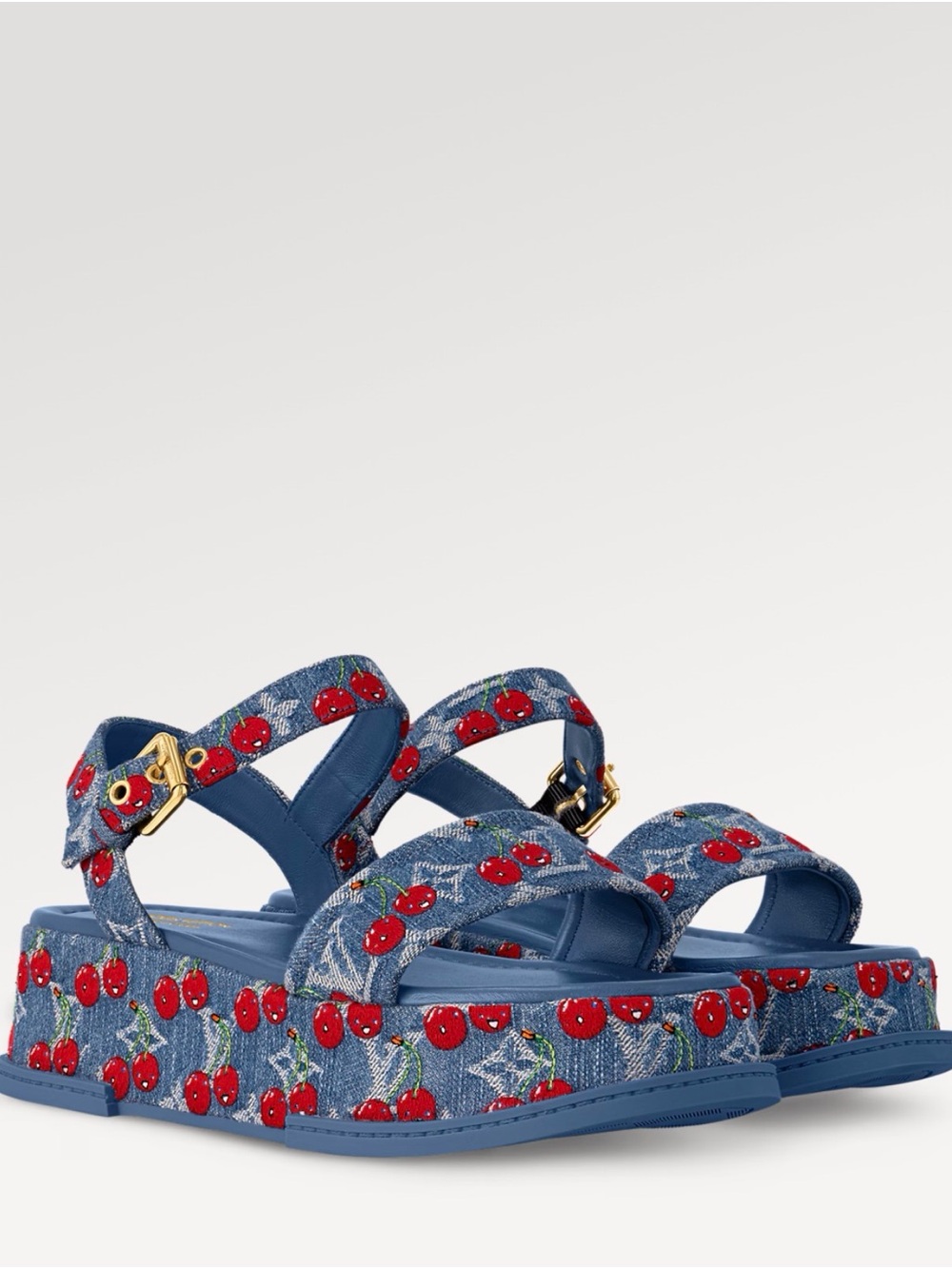 Blue Cherry-Embroidered Platform Sandals